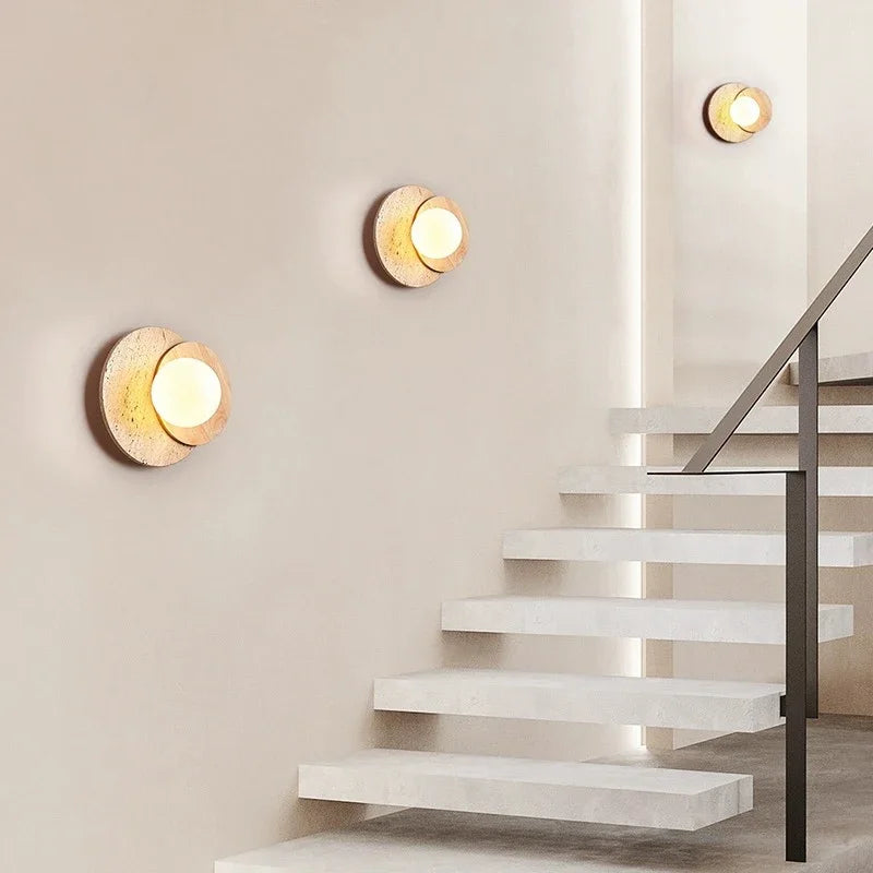 Nordic Stone Wood Wall Sconce Light Fixture for Bedroom, Wabi-sabi Design