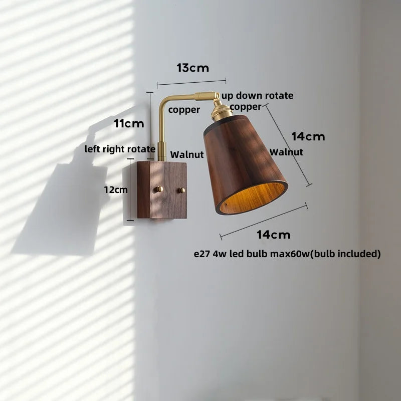 Walnut Wood LED Wall Lamp Sconce with Pull Chain Switch Rotation Mirror Light