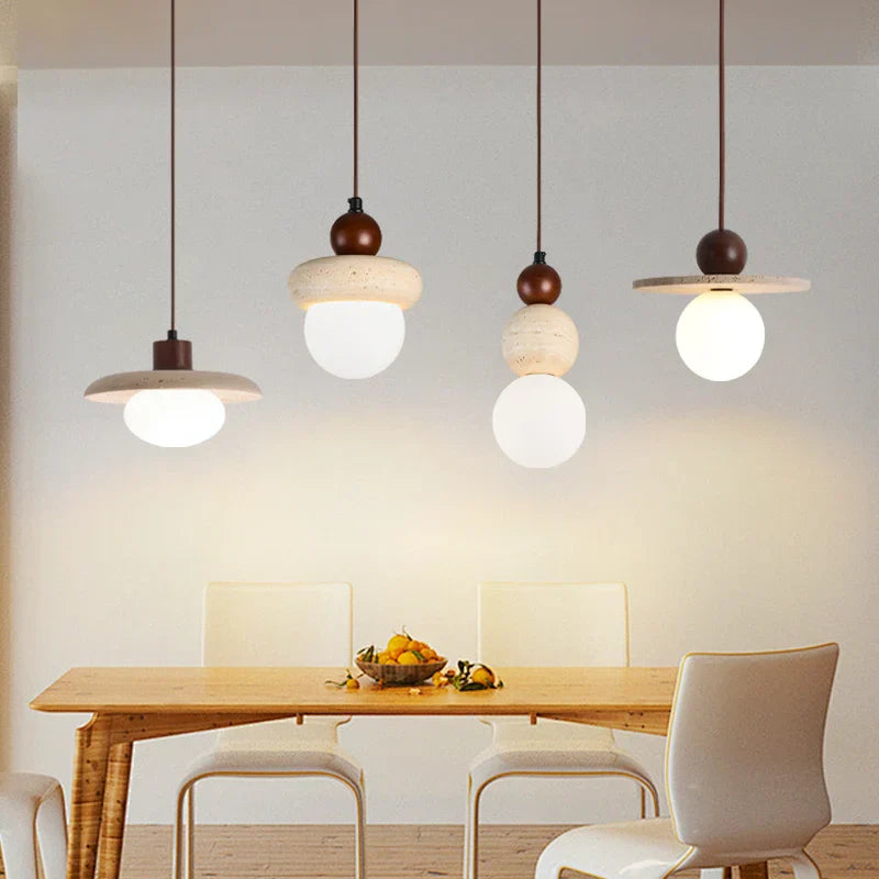 LED Pendant Lamp with Wood Canopy & White Glass Chandelier - Yellow Travertine Kitchen Bedroom Lighting