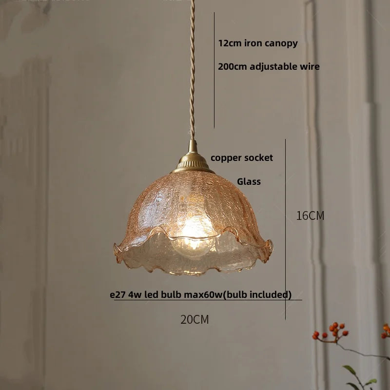 Amber Glass LED Pendant Lamp Walnut Wood Copper Hanging Light
