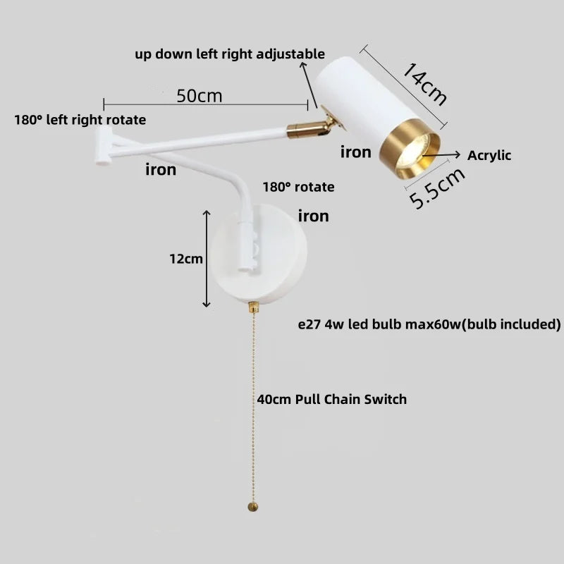 Rotatable LED Wall Sconce Swing Arm Light Fixture for Study and Bedside