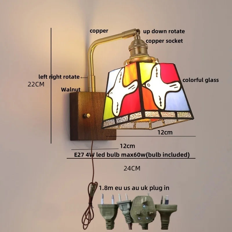 Amber Glass LED Wall Sconce with Walnut Wood, Pull Chain Switch for Living Room