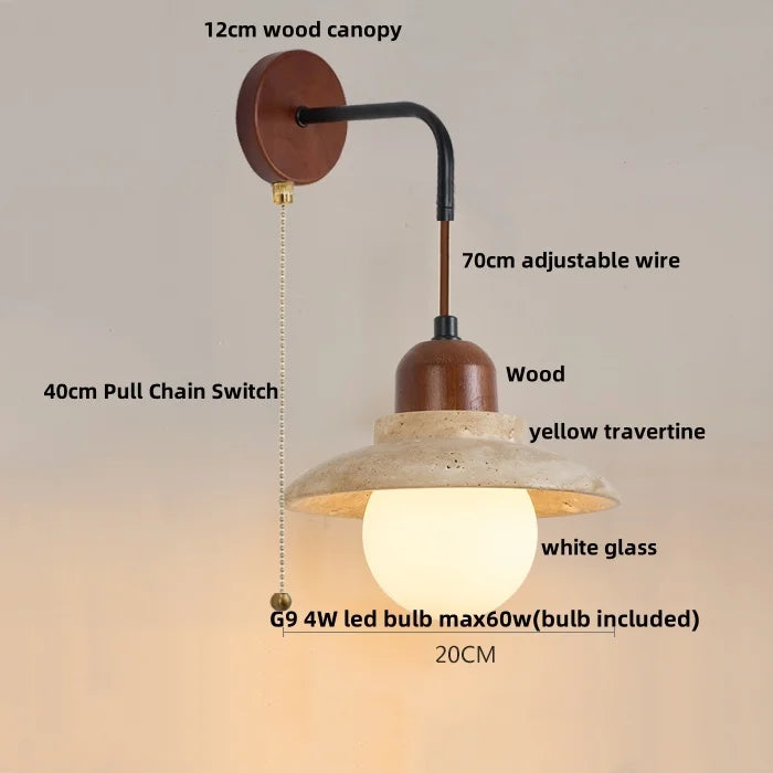 Wood Canopy LED Wall Sconce Yellow Travertine Stone Pull Chain Switch