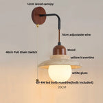 Wood Canopy LED Wall Sconce Yellow Travertine Stone Pull Chain Switch