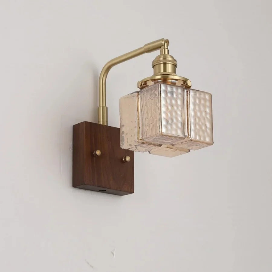 Amber Glass LED Wall Sconce with Walnut Wood, Pull Chain Switch for Living Room