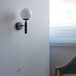 Modern Black Iron LED Wall Light with Pull Chain Switch & White Glass