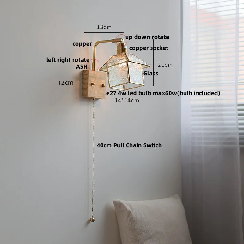 Vintage LED Wall Lamp Sconce with Rotatable Glass Shade & Pull Chain Switch