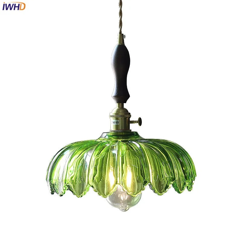 Walnut Wood LED Pendant Light Fixture Glass Hanging Lamp
