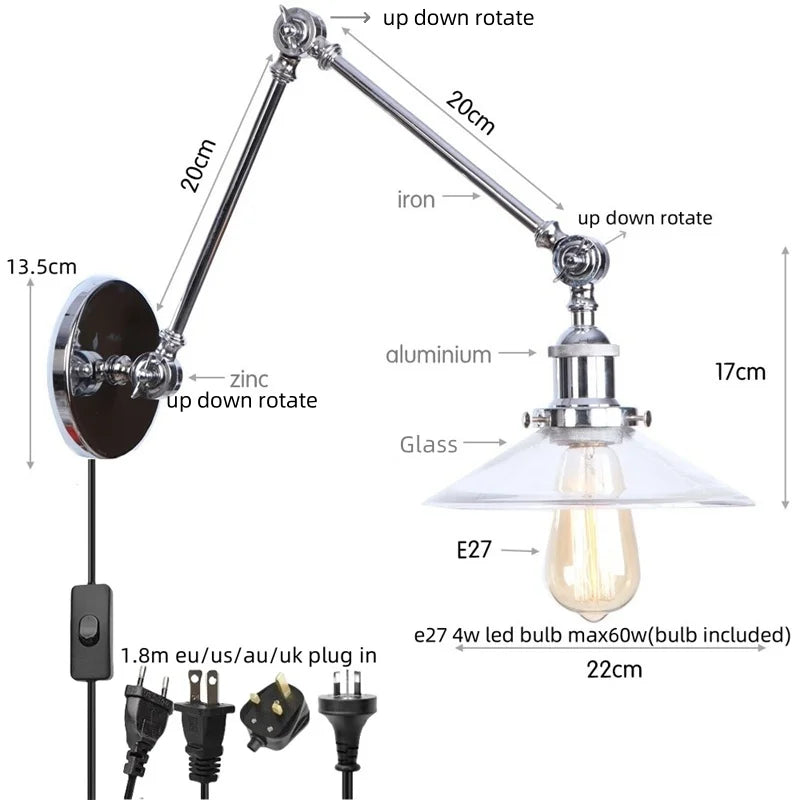 White Glass Swing Arm LED Wall Sconce for Industrial Loft, Coffee, Hallway