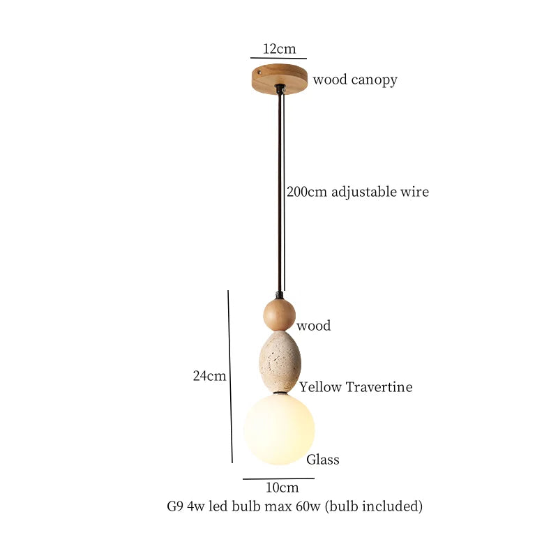 Afralia™ Yellow Travertine Wood Stone LED Pendant Light Fixture Nordic Modern Hanging Lamp