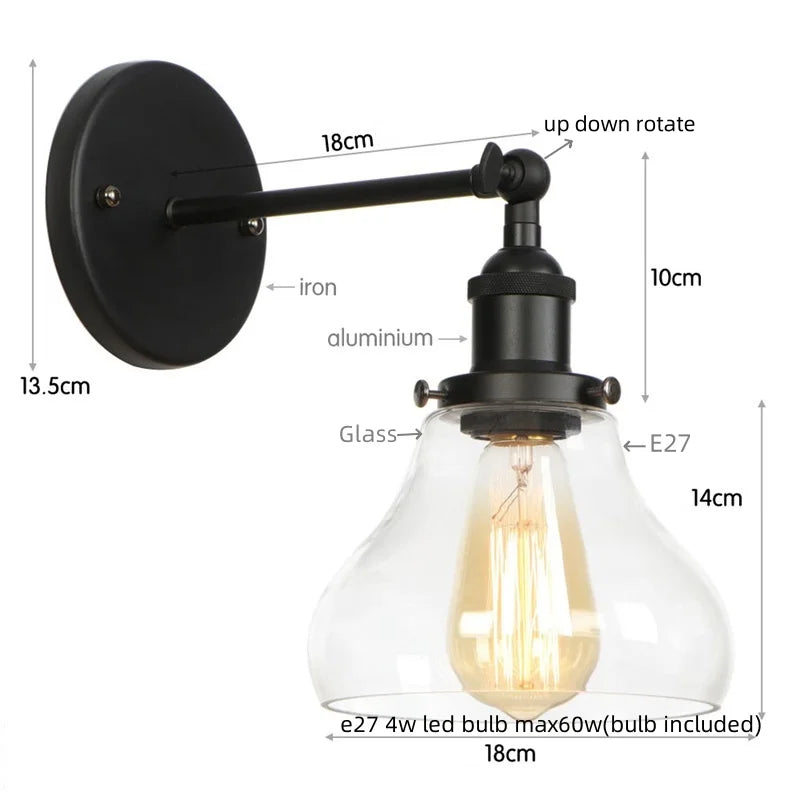 Black Iron LED Wall Lights Industrial Pull Chain Switch Bedroom Dining Room Loft
