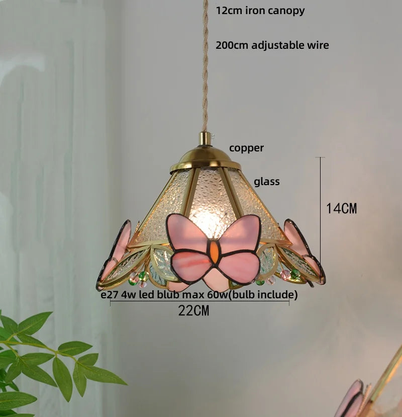 Pink Butterfly LED Pendant Light Fixture Tiffany Glass Wood Ball Hang Lamp