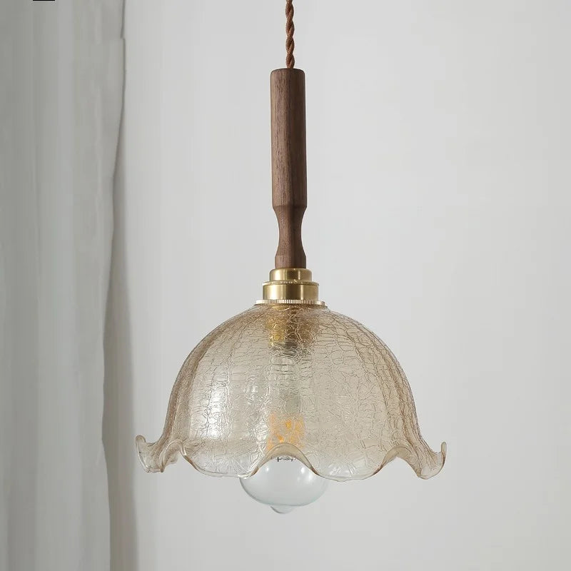 Amber Glass LED Pendant Lamp with Walnut Wood Accent - Modern Nordic Hanging Light