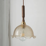 Amber Glass LED Pendant Lamp with Walnut Wood Accent - Modern Nordic Hanging Light