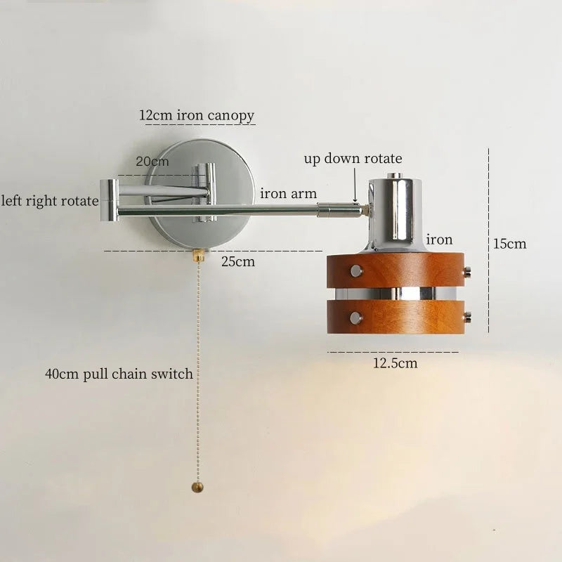 Vintage Iron Wood LED Wall Lamp Swing Arm Aplique Pared