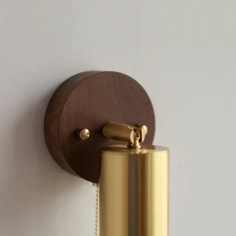 Copper Lampshade LED Wall Sconce Pull Chain Switch Nordic Modern Walnut Wood Mirror Light