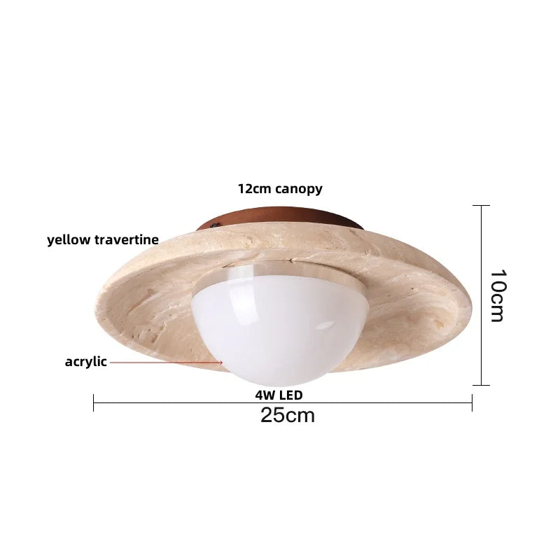 Acrylic LED Ceiling Lamp Yellow Travertine Wood Canopy Wabi Sabi Style