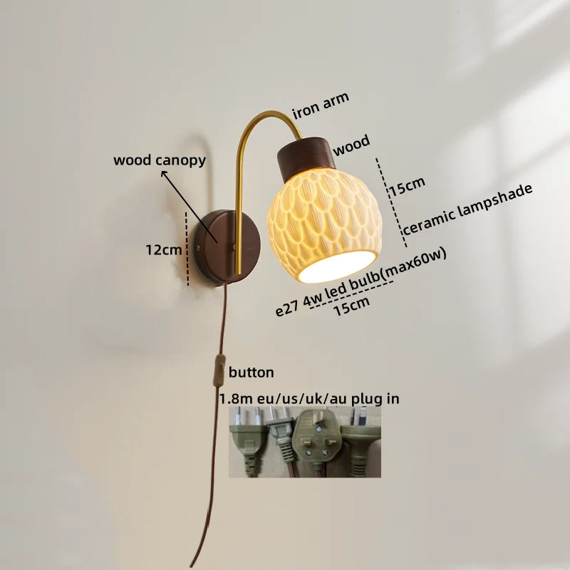 Ceramic Wood LED Wall Lights Modern Bedside Lamp for Home Decor