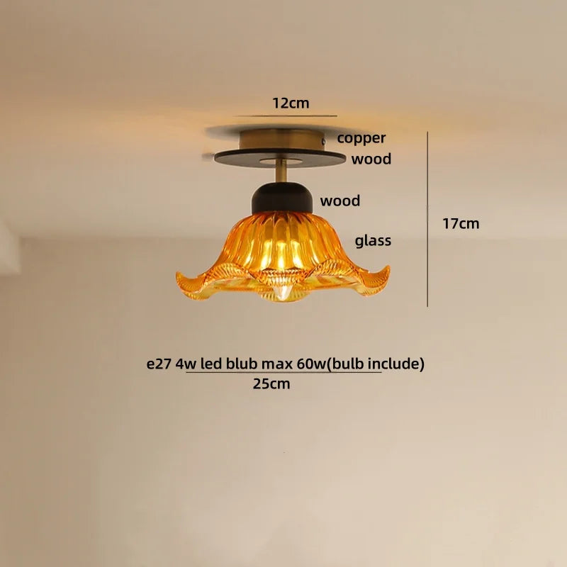Afralia Wood Copper LED Ceiling Light Amber Glass Plafond Lamp