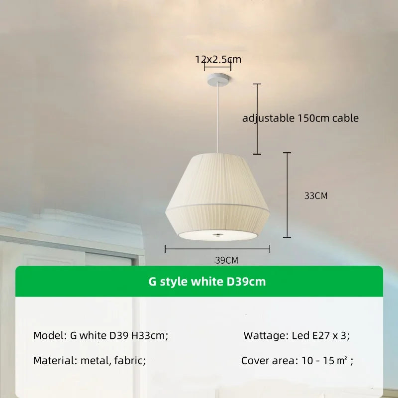 Nordic Pleated Fabric E27 Pendant Light Dining Room Creamy Hanging Lamp Bedroom Suspend Lamp - Afralia™