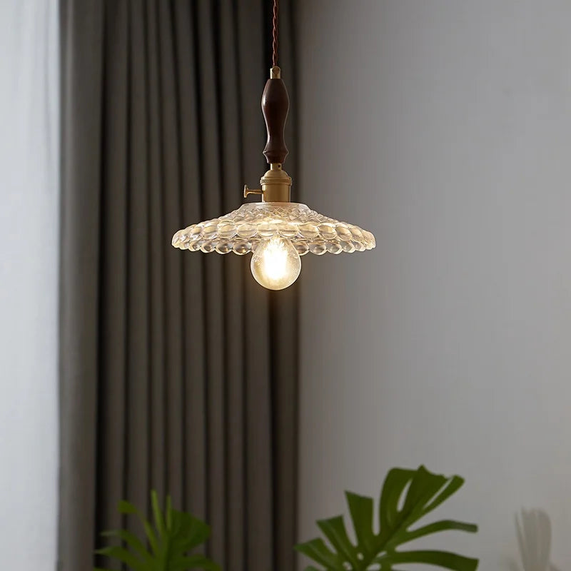 Copper Glass Pendant Light Fixture with Wood Handle & LED Bulb