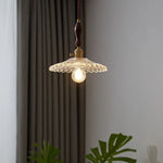 Copper Glass Pendant Light Fixture with Wood Handle & LED Bulb