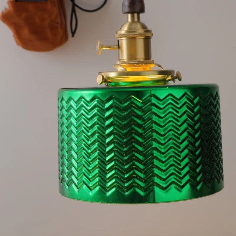 Modern Walnut Wood LED Pendant Lights with Green Glass & Copper Knob Switch