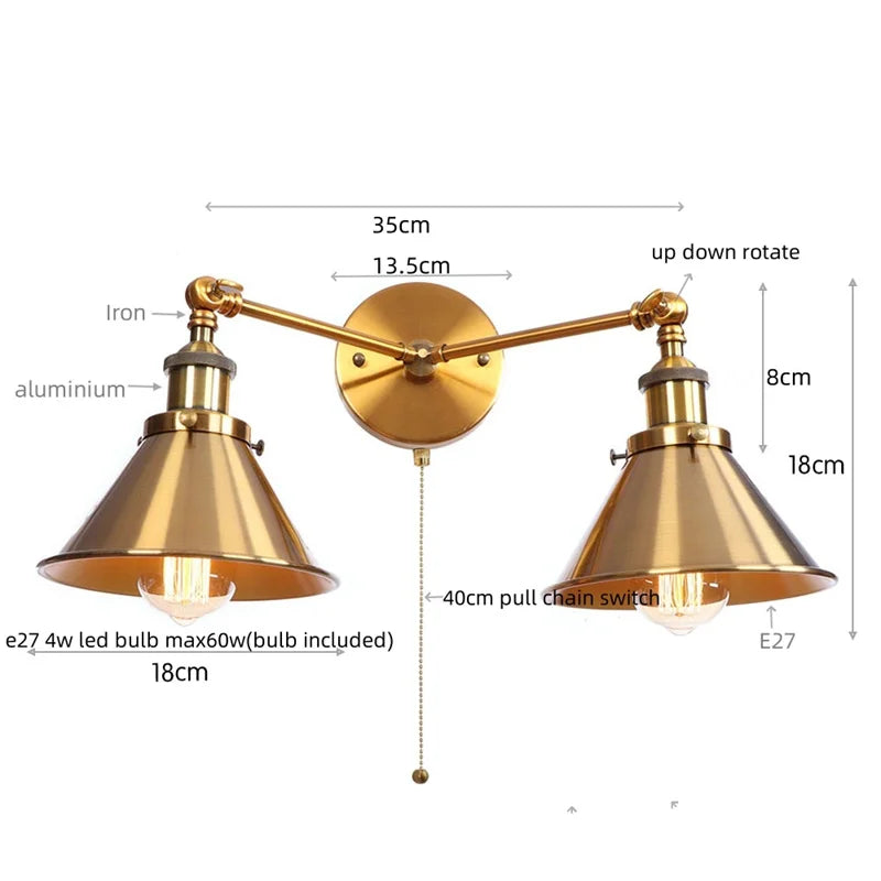 Afralia™ Industrial Vintage LED Wall Light Iron Gold 2 Heads Simple Lamparas De Pared.
