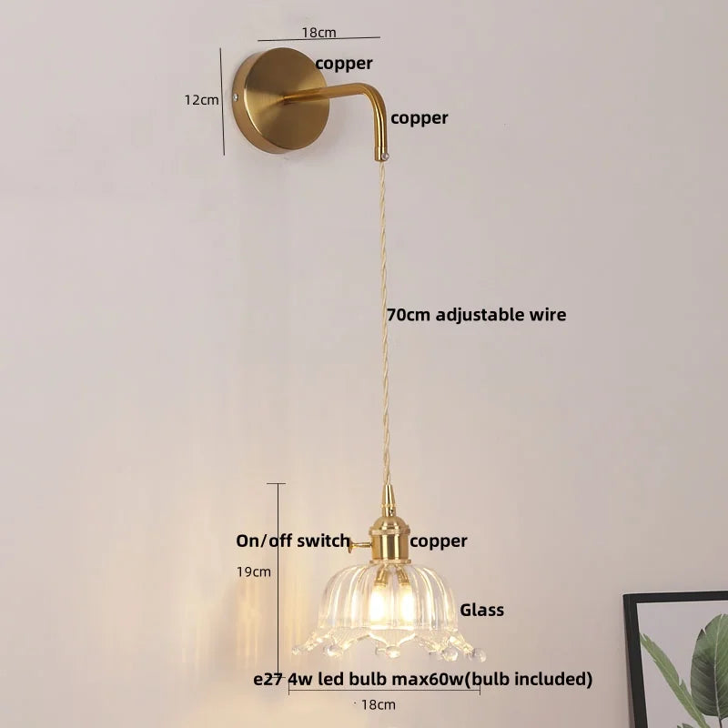 Glass Copper LED Wall Sconce | Pull Chain Switch | Adjustable Bathroom Light