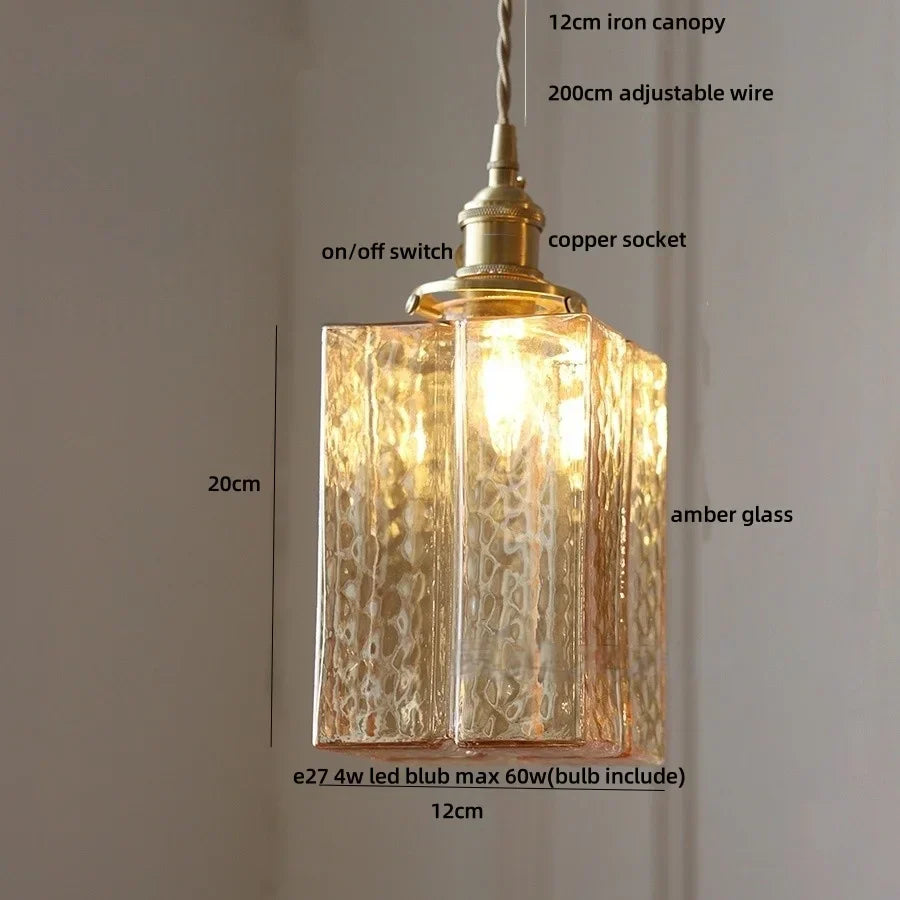 Afralia™ Amber Glass Cube LED Pendant Lights, Japanese Style for Kitchen, Bedroom, Coffee.
