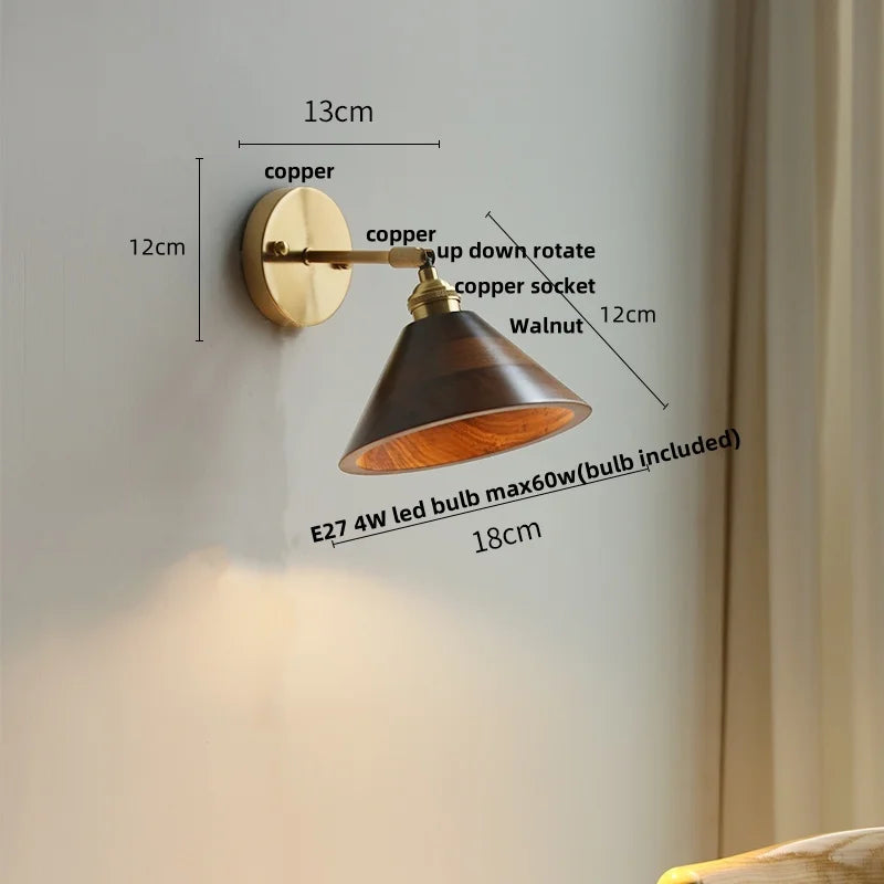 Nordic Walnut Wood Copper Up Down LED Wall Sconce Bedside Lamp