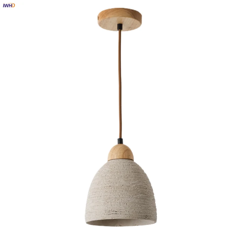 Wood Cement LED Pendant Light Fixture Adjustable Hanging Lamp