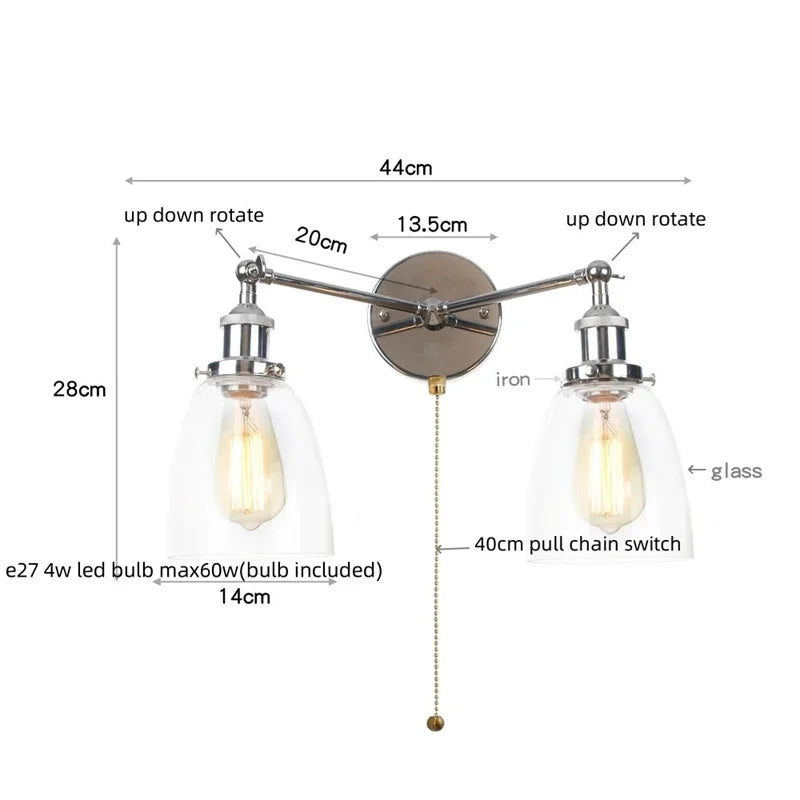 Retro LED Wall Light with Pull Chain Switch, 2 Heads Sconce for Living Room
