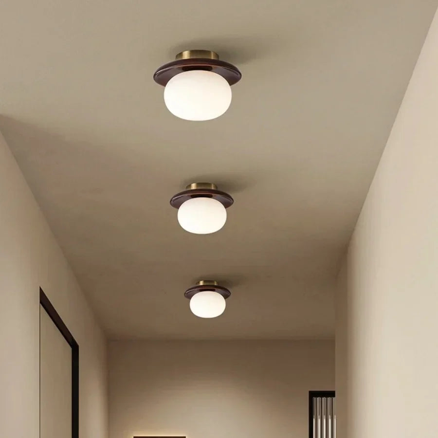 White Glass LED Ceiling Light Fixture with Wood Copper Canopy