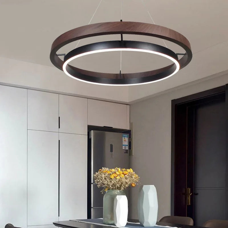 Wood Grain Chandelier: Minimalist Round LED Hanging Light Fixture for Home Decor