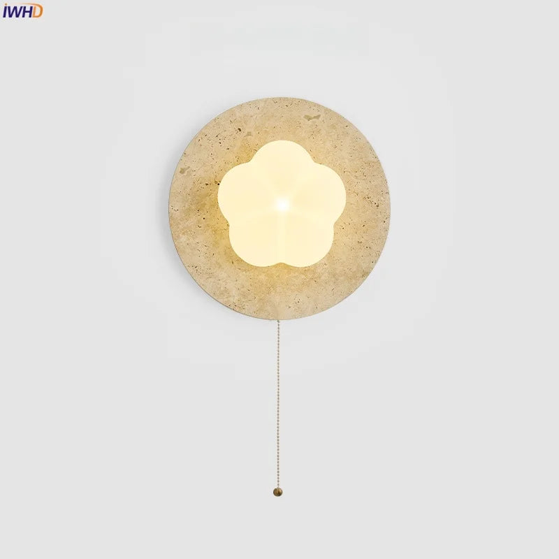Afralia™ Modern Cotton LED Wall Lamp Pull Chain Switch Yellow Travertine Nordic Bedroom Living Room