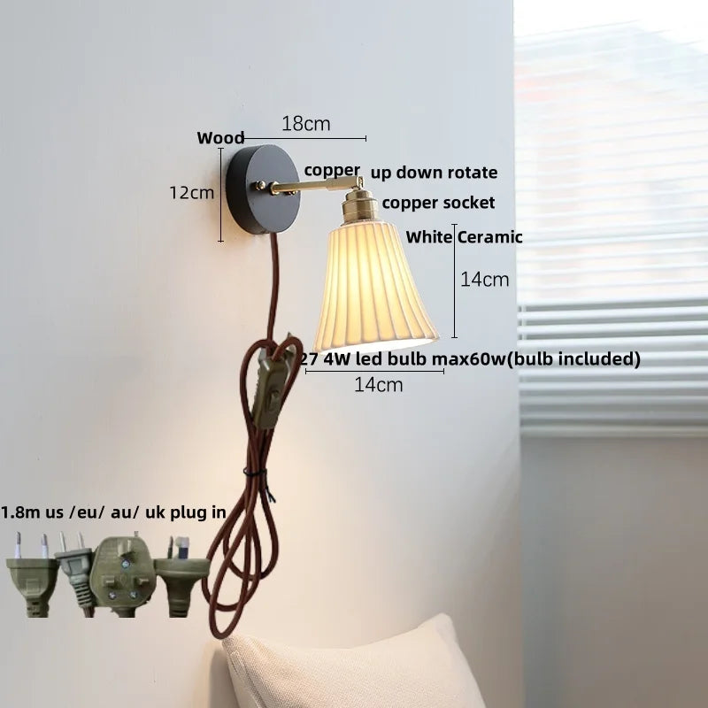 White Ceramic LED Wall Lamp Wood Canopy Sconce Reef Pull Chain Switch