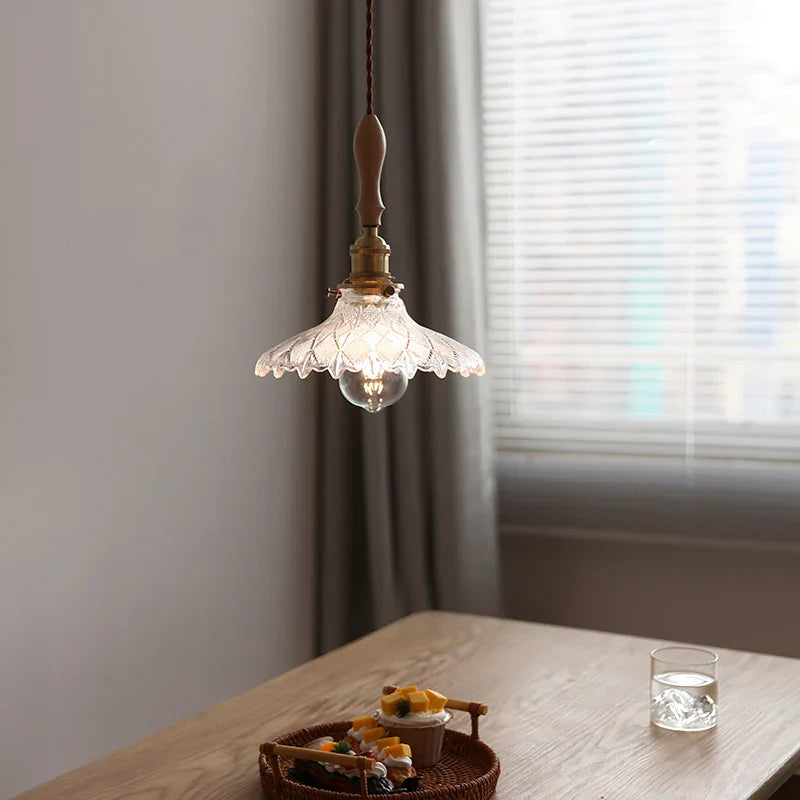 Glass LED Pendant Lamp with Wood Handle - Modern Nordic Hanging Light
