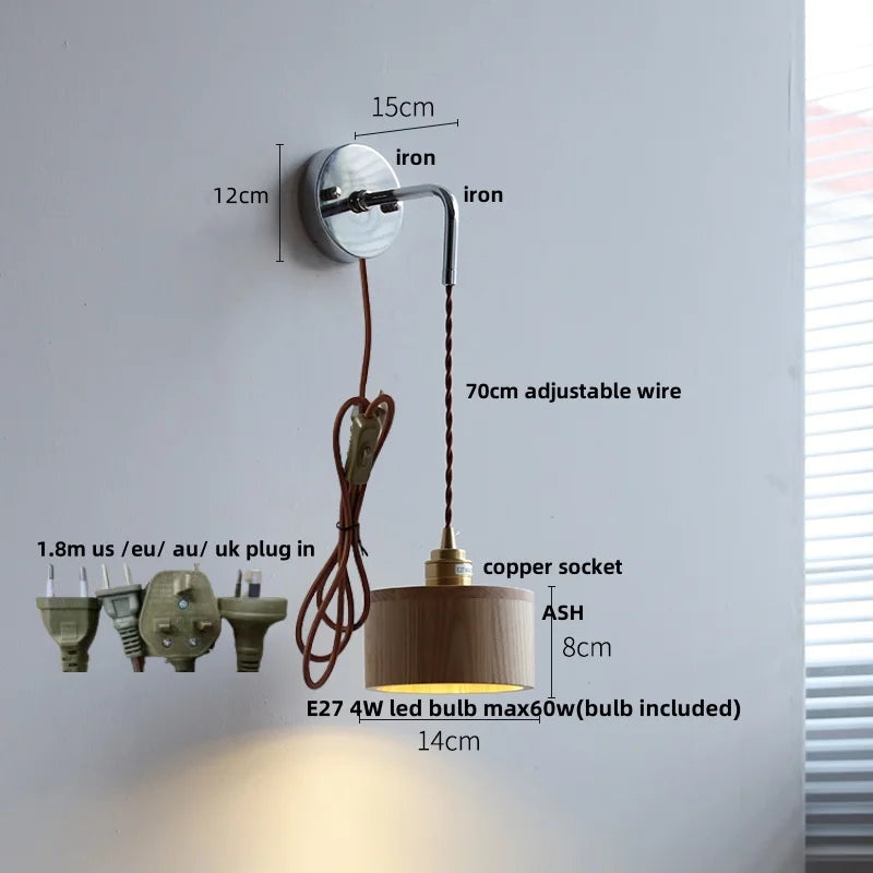 Ash Wood LED Wall Light with Pull Chain Switch, Japanese Style Bedside Lamp