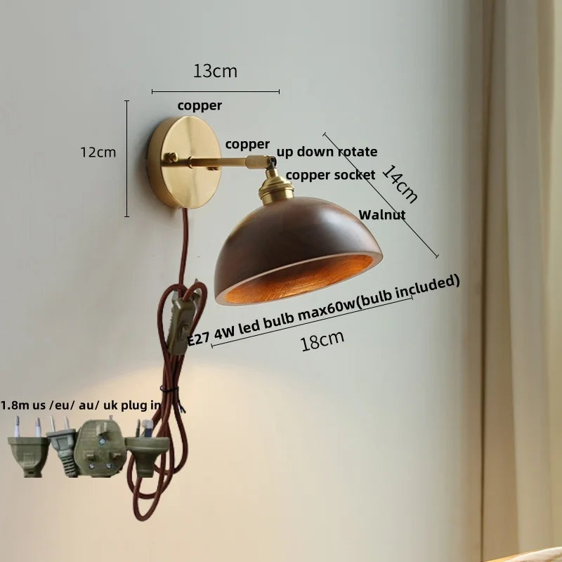 Nordic Walnut Wood Copper Up Down LED Wall Sconce Bedside Lamp