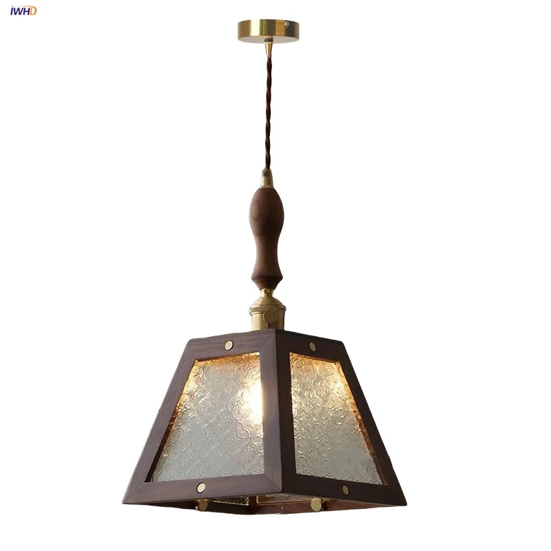Walnut Wood LED Pendant Light Clear Glass Adjustable Loft Retro