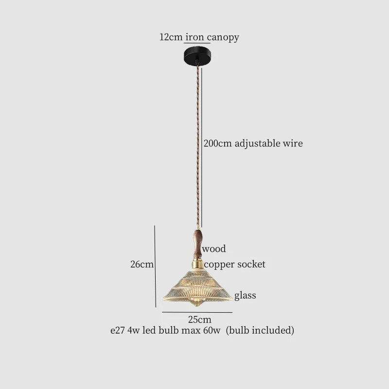 Copper Wood Glass LED Pendant Lamp - French Minimalist Design for Home Decor
