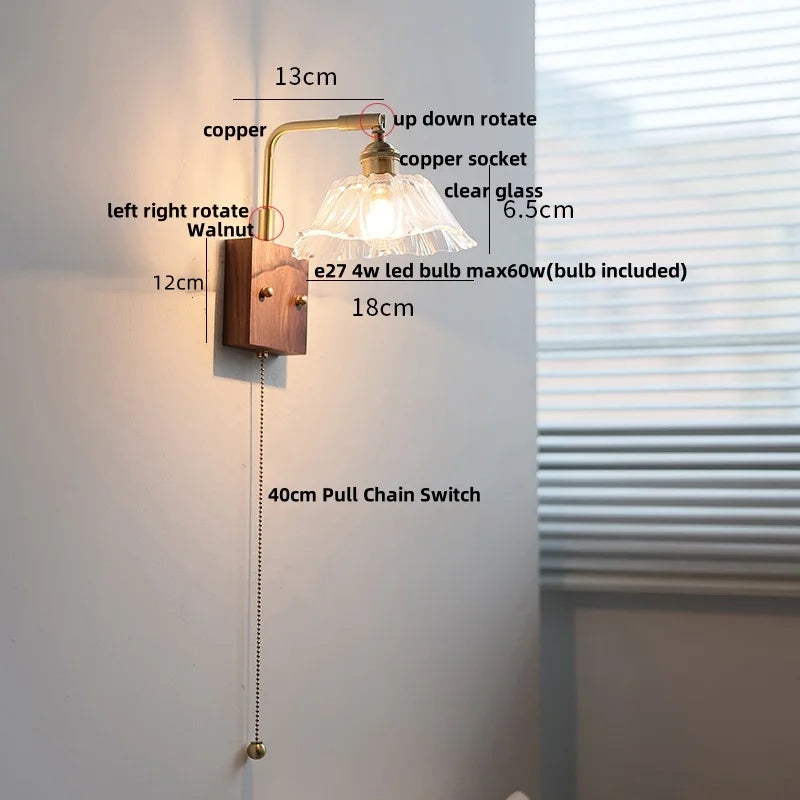Nordic LED Wall Light with Pull Chain Switch, Copper Walnut Wood and Clear Glass