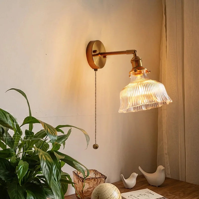 Nordic LED Wall Lights Pull Chain Switch Copper Glass Home Decor