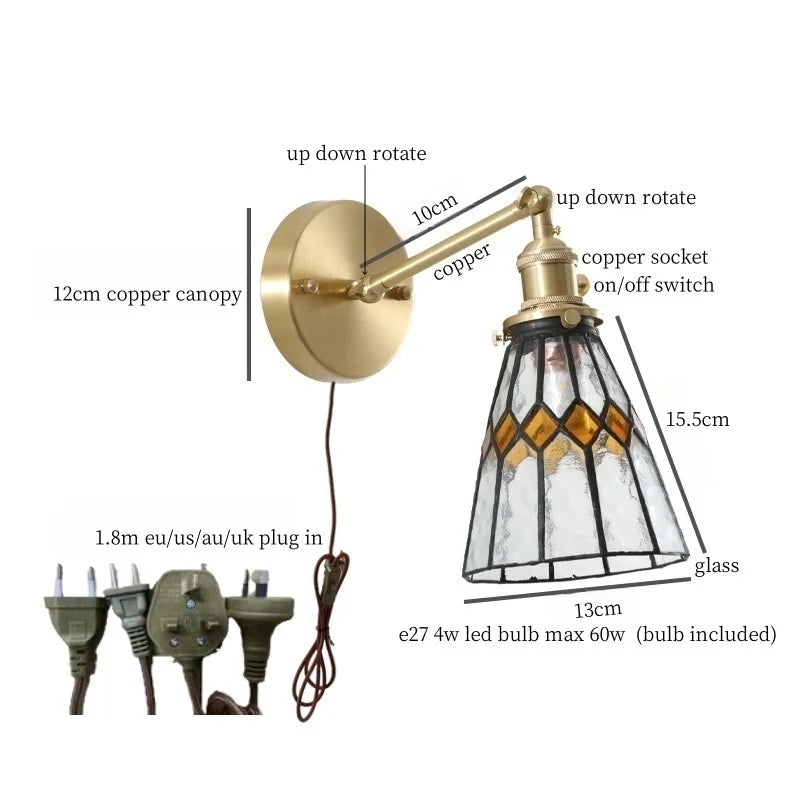 Tiffany Glass LED Wall Lamp Pull Chain Switch Vintage Copper Wall Lights