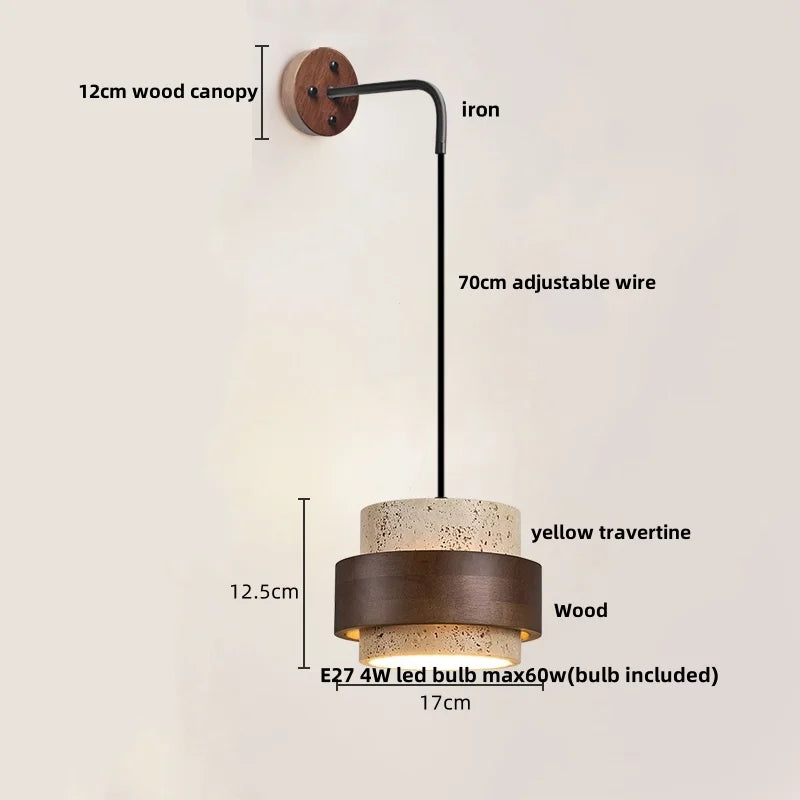 Yellow Travertine Stone Wood Wall Sconce LED Light Fixture, Modern Nordic Design