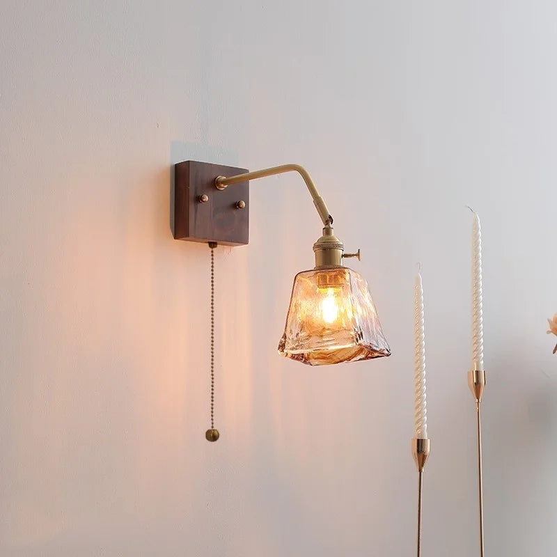 Walnut Copper LED Wall Lights Fixture with Pull Chain Switch - Modern Bedside Lamp