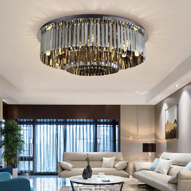 Smoky Grey Crystal Ceiling Light for Living Room Bedroom LED Ambiance