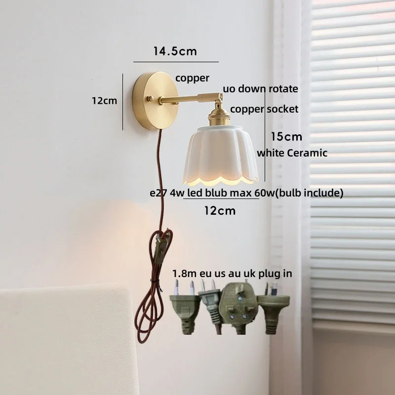 Ceramic Copper LED Wall Sconce Pull Chain Switch Reading Room Bedside Lamp