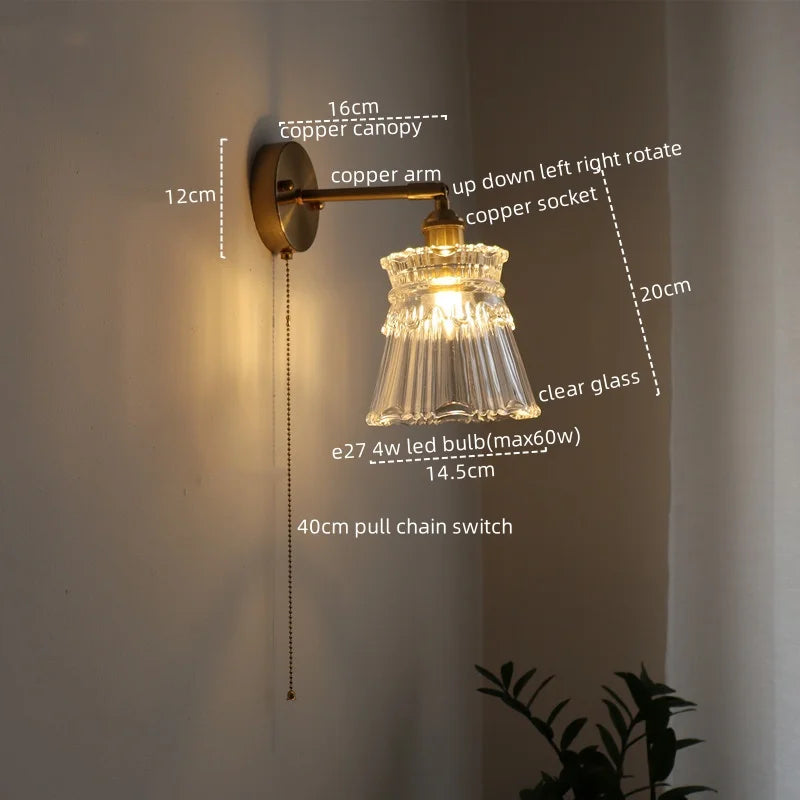 Vintage LED Wall Light Glass Copper Applique Da Parete